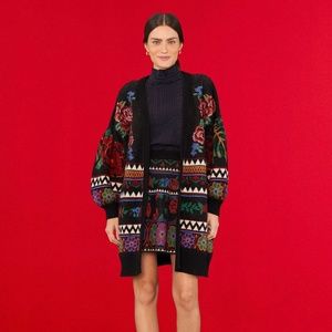 FARM Rio Black Flower Tapestry Cardigan